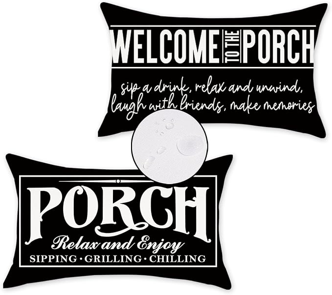 Welcome Porch Outdoor Pillow Covers 12x20 Inch Waterproof Black Decorative Throw Pillows for Patio Furniture Garden Cushion Case Bench Decor