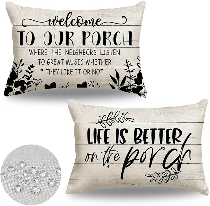 Porch Pillows Outdoor Chair Patio Furniture Pillow Covers 18x18 Waterproof | Set of 2, No Inserts, Weather Resistant, Patio Furniture, Minimalist Neutral Home Decor, Life is Better On The Porch Sign