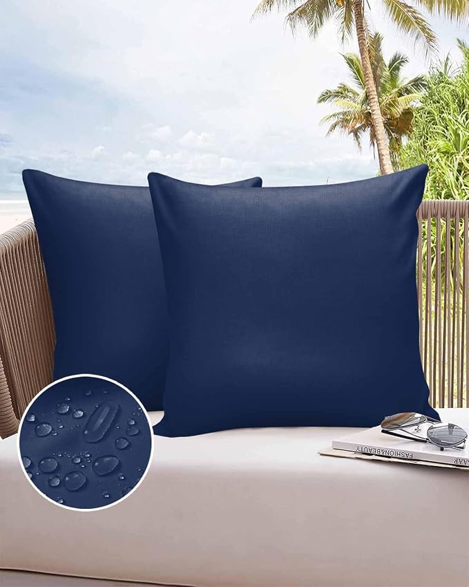 Outdoor Waterproof Throw Pillow Covers Set of 2 Navy Blue Pillowcases 18x18 Inches Solid Color Patio Decorative Pillows Cushion Case Patio Pillows for Couch Bed Chair Garden
