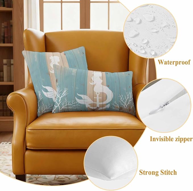 Summer Nautical Outdoor Waterproof Pillow Covers Set of 2, White Mermaid Coral Anchor Silhouette Wood Grain Pillowcase Decorative Throw Cushion Cases for Patio Garden Couch 18 x 18 Inches