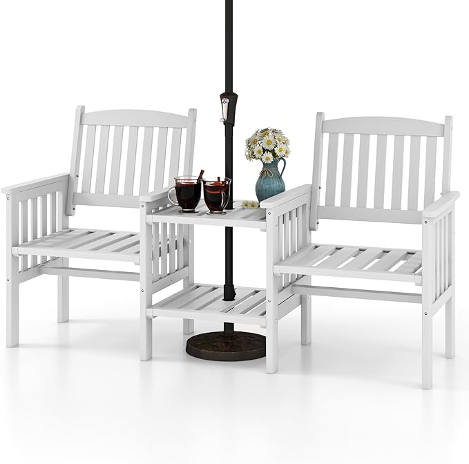 Tangkula Outdoor Wood Loveseat with 2-Tier Side Table and Umbrella Hole, 2-Seater Patio Garden Bench with Armrests and Slatted Seats, Outdoor Table and Chairs Set for Porch and Balcony