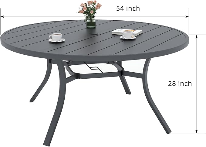 Patio Dining Table for 6,Steel Slatted Round Outdoor Table with Adjustable Umbrella Hole,54",Black