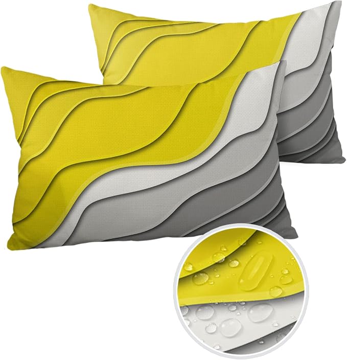Modern Geometric Outdoor Waterproof Pillow Covers for Patio Furniture Yellow Decorative Throw Pillow Cover Abstract Beach Pillowcases Set of 2 Cushion Case for Sofa Couch Chair Home Decor 20 x 12 Inch