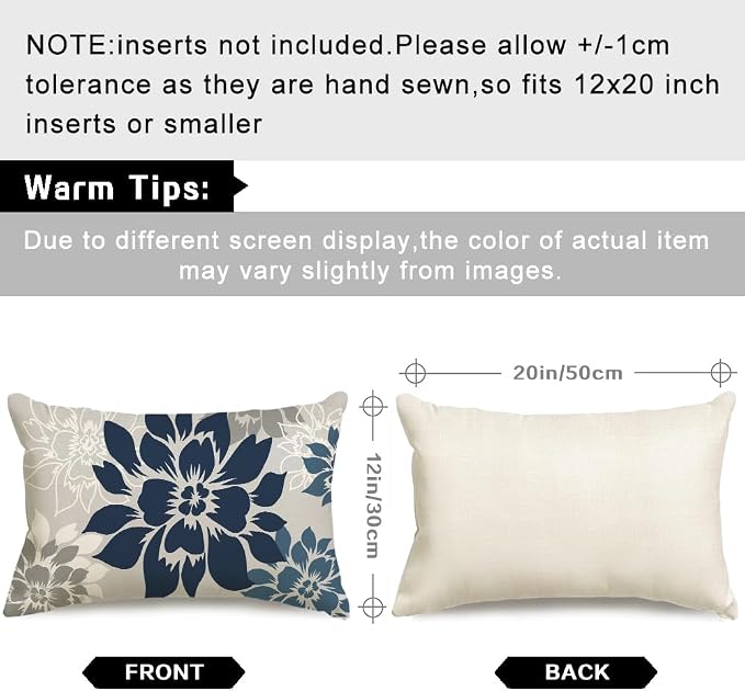 Waterproof Dark Blue Dahlia Floral Outdoor Pillow Covers 12x20 Inch, Decorative Spring Summer Cushion Cases for Living Room Sofa Patio Garden Porch