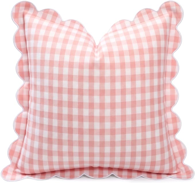 Gingham Scalloped Throw Pillow Cover 20"x20",Pink