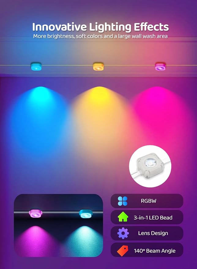 Gaoxun 50ft Permanent Outdoor Lights, RGBW Smart Outside Lights with 30 LED, APP/Remote Control, Dimmable, 47 Scene Modes, Timer, IP67 Waterproof Eaves Lighting for Daily Holiday Christmas Decorations