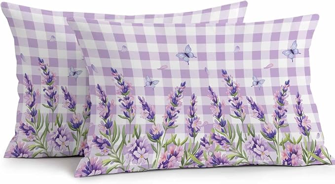 Vandarllin Outdoor Throw Pillows Covers 20x12 inch Set of 2 Waterproof Purple Lavender Flower Decorative Zippered Cushion Covers for Patio Furniture, Butterfly Buffalo Plaid Lumbar Pillowcases