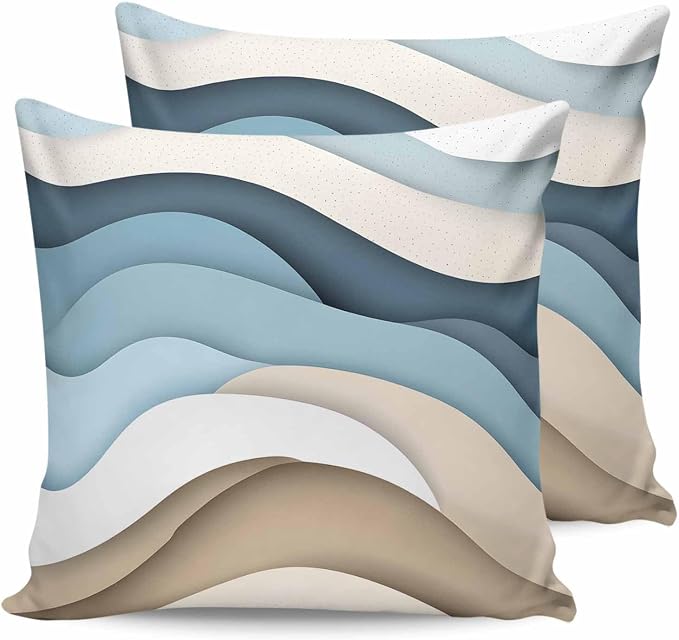 Pack of 2 Blue Brown Abstract Outdoor Pillow Waterproof Covers 18x18 inch, Gradient Water Ripple Polyester Throw Pillow Covers Garden Cushion Decorative Case for Patio Couch Decoration