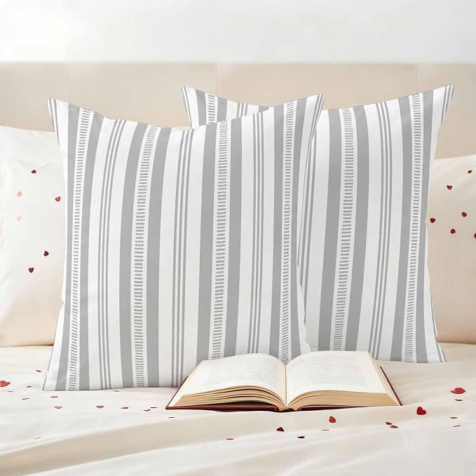 Gery Striped Outdoor Waterproof Pillow Covers, Farmhouse Stripes Modern Geometric Decorative Square Throw Pillowcase Sofa Cushion Sham for Patio/Couch/Chair, 20"x20" 2 Pack