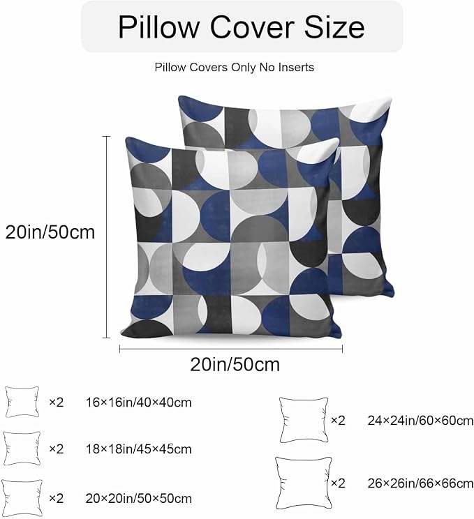 Vandarllin Outdoor Throw Pillows Covers 16x16 inch Set of 2 Waterproof Modern Blue Gray Geometric Decorative Zippered Cushion Covers for Patio Furniture, Abstract Mid Century Lumbar Pillowcases