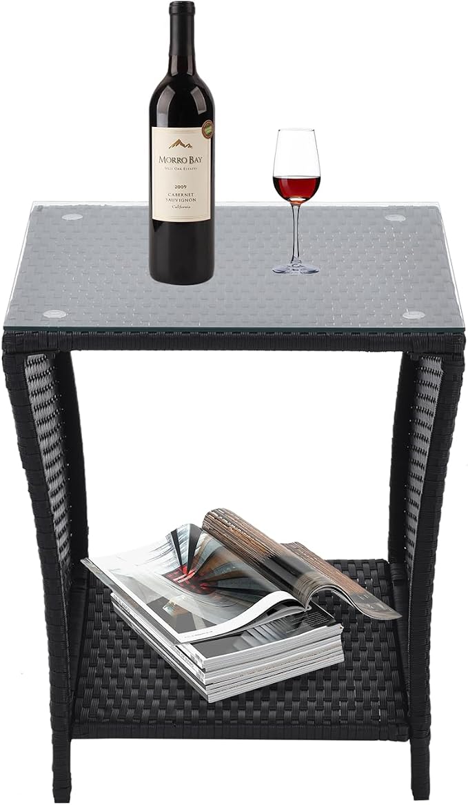 Patio Wicker Storage Side Table,Outdoor PE Rattan Woven Coffee End Table with Tempered Glass Top for Indoor Outdoor Porch Lawn Poolside Garden Backyard Balcony(Black)