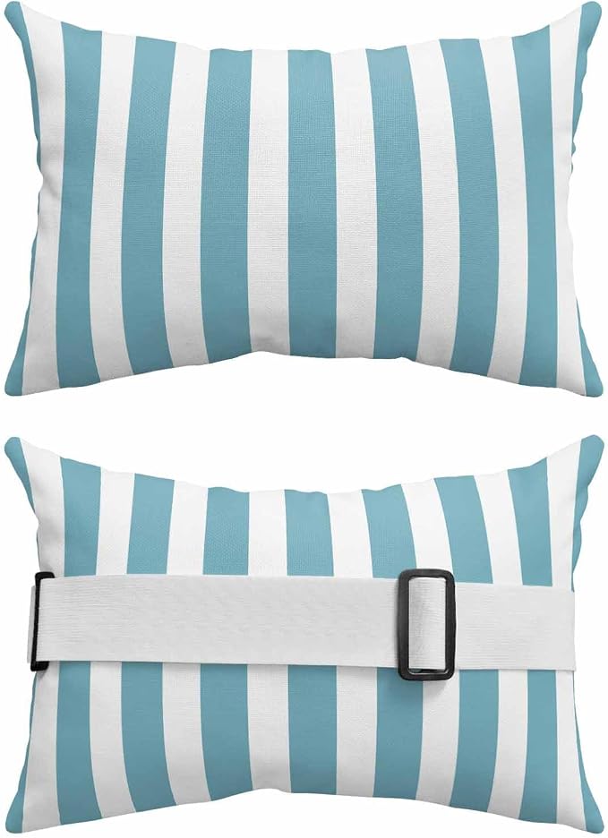 DecorLovee Aqua Striped Outdoor Recliner Pillows for Head, Farmhouse Waterproof Chair Pillow with Elastic Stripe, Blue White Stripes Chaise Lounge Headrest Pillow for Patio/Beach/Pool 1Pack, 11"x16"