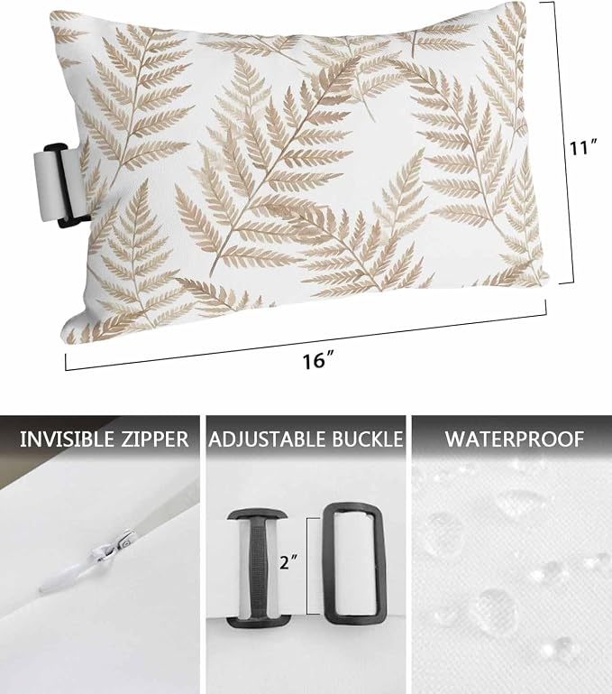 Lumbar Pillow Covers Set of 2, Brown Ferns Waterproof Outdoor Chaise Lounge Pillow Covers with Elastic Strap, Spring Summer Botanical Leaves Headrest Pillowcase for Patio, 11 x 16