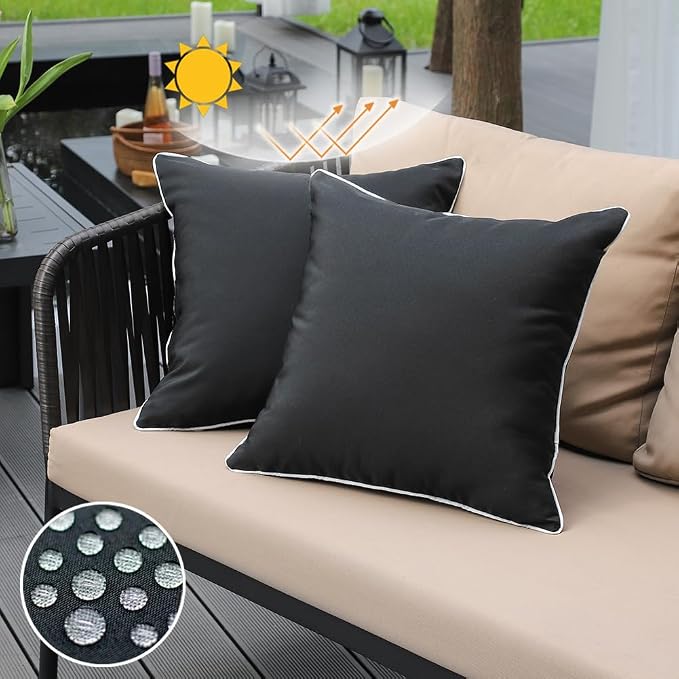 JOJOGOGO Black Outdoor Pillows Waterproof Throw Pillow Covers 18x18 Set of 2, Decorative Black and White Outdoor Sunproof Pillows 18 x 18 for Front Back Porch Patio Furniture (with White Piping)