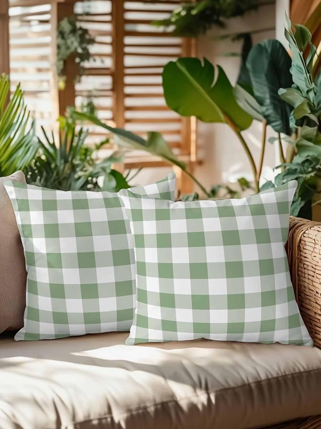 Waterproof Outdoor Pillow Set of 2 Green Buffalo Plaid Decorative Throw Pillows Cover & Insert 18x18 Inch Pillowcase Check Lines Square Pillows for Couch Sofa Bed Patio Furniture Indoor Outdoor