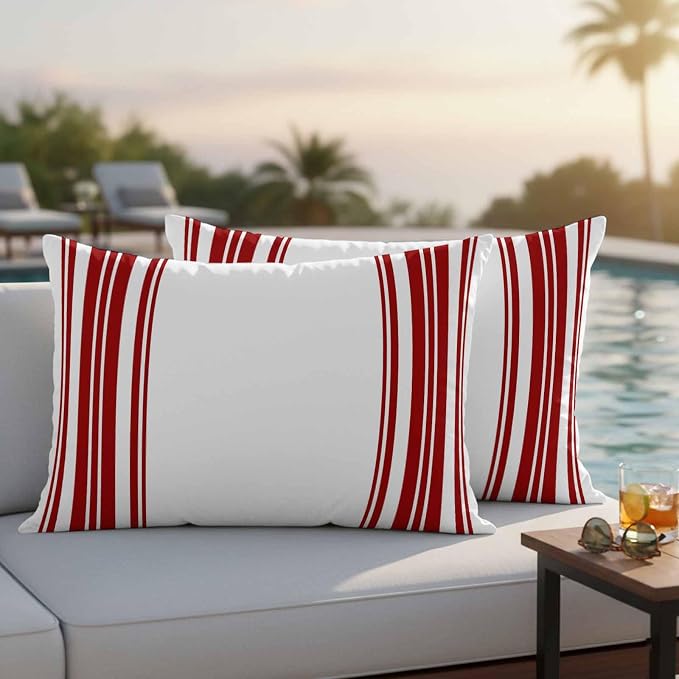 Outdoor Waterproof Throw Pillow Covers Set of 2 Red Stripes Lumbar Pillowcases 20x12 Inches White Vertical Striped Decorative Pillows Cushion Case Patio Pillows for Couch Bed Chair Garden