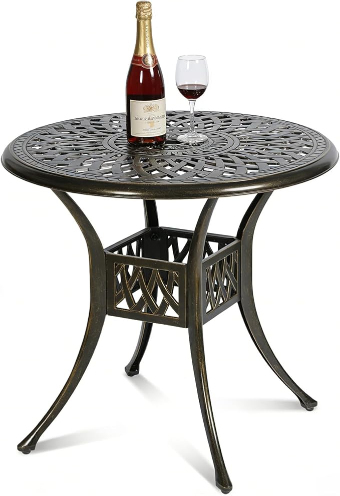 MEETWARM 31" Round Patio Bistro Table, Outdoor Cast Aluminum Small Dinning Table with 2" Umbrella Hole, Dark Bronze