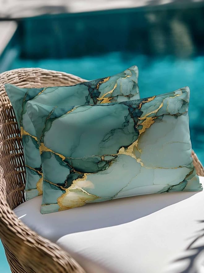 Outdoor Throw Pillow Set of 2, Teal Ombre Marble Waterproof Pillow with Insert Included, Modern Ink Painting Abstract Decorative Accent Cushion Lumbar Pillows for Patio Porch, 12 x 20 in