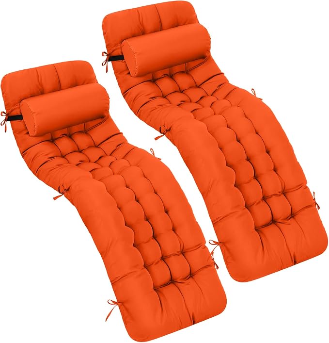 Tudomro Outdoor Chaise Lounge Cushion 66x21x4'' Waterproof & Fade-Resistant Patio Pool Chaise Lounge Cushion Headrest Pillow Tie Replacement Rocking High Back Chair(Bright Orange,Set of 2)