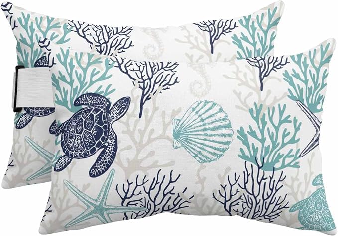 Lumbar Pillow Covers Set of 4, Teal Blue Coastal Waterproof Outdoor Chaise Lounge Pillow Covers with Elastic Strap, Sea Turtle Nautical Coral Summer Beach Headrest Pillowcase for Patio, 12 x 20