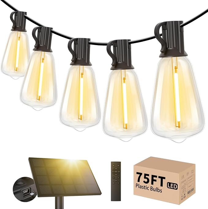 Svater Solar Outdoor String Lights 75 FT, ST38 Patio Lights Shatterproof Dimmable Vintage Edison Bulbs, Solar Powered Weatherproof Light for Patio, Backyard, Garden, Bistro, Warm White