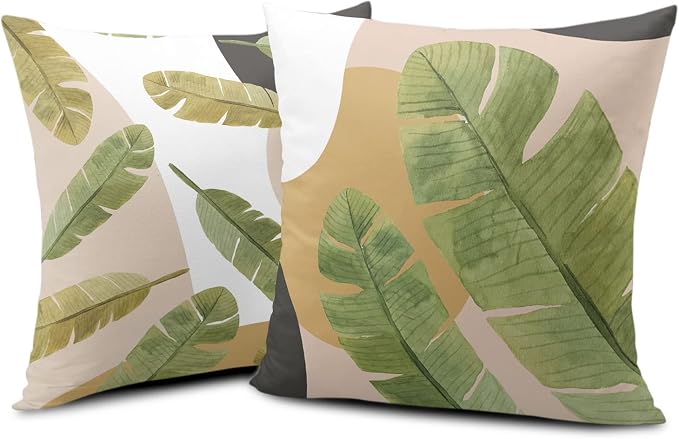 2 Pack Summer Tropical Plant Green Leaves Throw Pillow Covers Jungle Palm Tree Cushion Case Soft Decorative Pillow Covers Rustic Home Decor for Sofa Chair Bed 16x16 Inch
