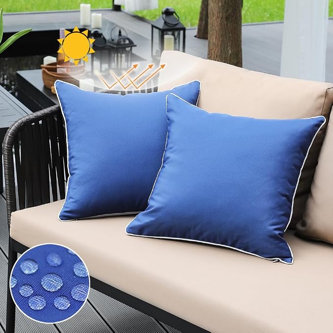 JOJOGOGO Navy Blue Outdoor Pillows Waterproof Throw Pillow Covers 18x18 Set of 2, Dark Blue Front Porch Decor Outdoor Sunproof Pillows 18 x 18 for Garden Patio Furniture (with White Piping)