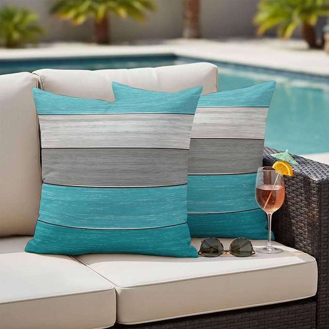 Outdoor Throw Pillow Covers 18X18 Set of 2 Waterproof Ombre Aqua Blue Gray Decorative Zippered Cushion Covers for Patio Furniture, Farmhouse Retro Rustic Barn Wood Texture Lumbar Pillowcases