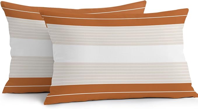 Orange Beige Stripe Outdoor Pillow Covers Waterproof, All Weather Cushion Case Set of 2, Modern Art Horizontal Striped Lumbar Pillowcase for Sofa Couch Bed Decor Patio Furniture 20"x12"