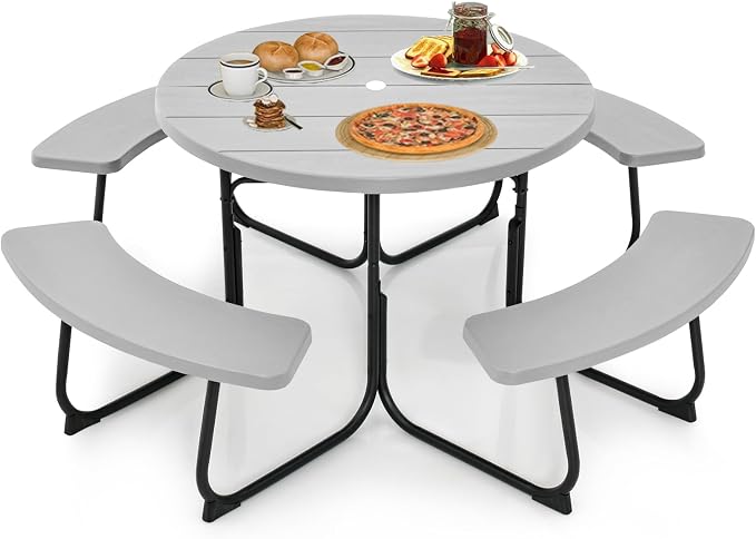 Round Picnic Table for 8 Person, Outside Table Bench Set w/ 4 Built-in Benches, Umbrella Hole, HDPE Top & Metal Frame, 2000LBS Capacity Outdoor Picnic Table for Garden, Porch, Patio (Grey)