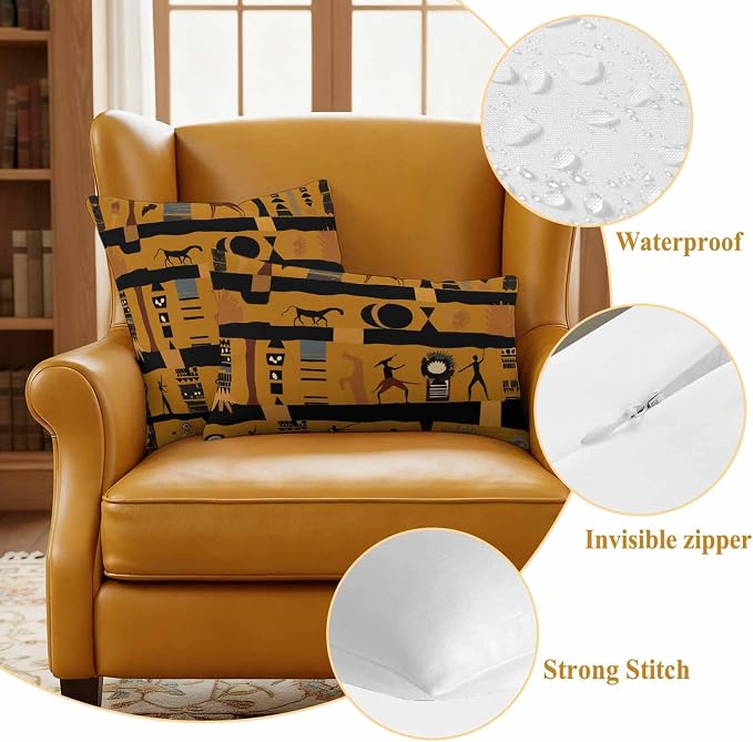 Outdoor Pillow Covers Waterproof, African Ethnic Decorative Square Throw Pillowcases Patio Cushion Covers for Tent/Garden, 26" x 26" 2 Pack, Vintage Ethnic Tribes Richness Brown