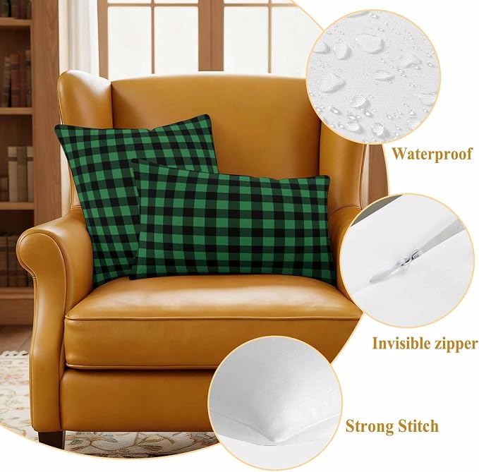 Forest Green Checks Outdoor Pillow Covers 18"x18" Set of 2, Black Gingham Plaid Abstract Modern Waterproof Throw Pillow Covers for Patio Furniture, Decorative Cushion Covers for Porch