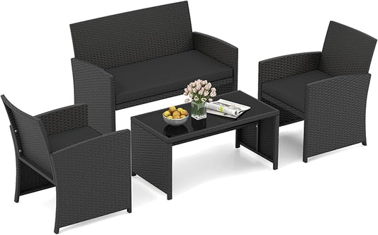 HAPPYGRILL 4 Piece Rattan Wicker Patio Conversation Set, Outdoor Furniture with Chair Loveseat Table & Cushion, for Backyard Porch Balcony (1, Black & Black)