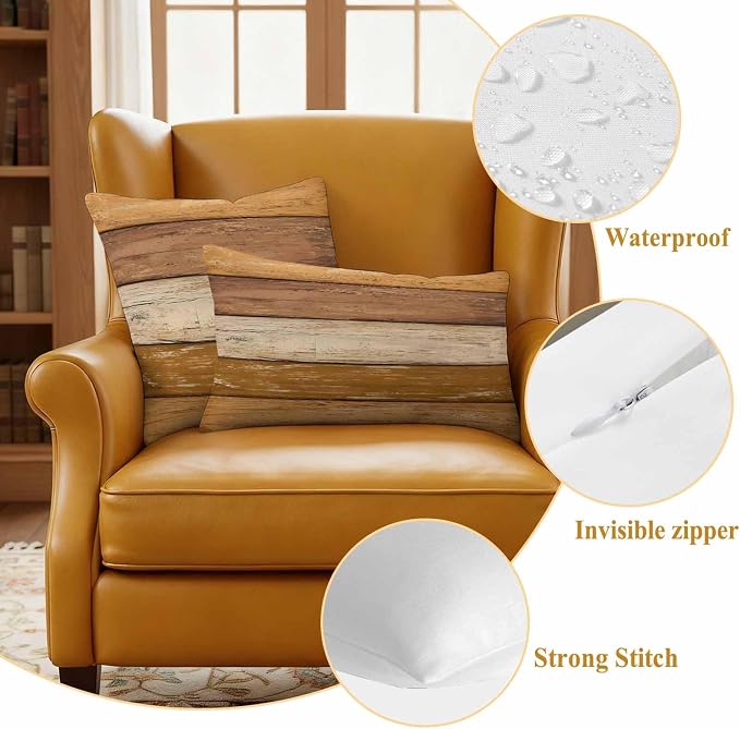 Farmhouse Yellow Brown Outdoor Waterproof Pillow Covers, Vintage Wooden Striped Decorative Square Throw Pillowcase Sofa Cushion Sham for Patio/Couch/Chair, 26"x26" 2 Pack