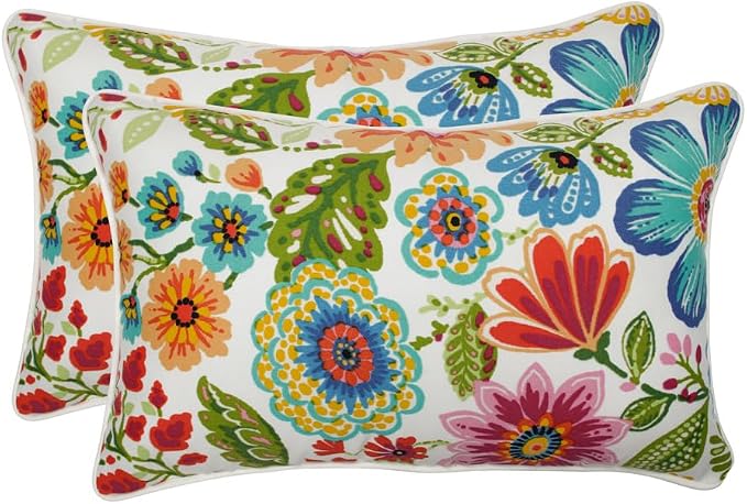 Pillow Perfect Bright Floral Indoor/Outdoor Throw Pillows, 2 Count, Lumbar - 11.5" x 18.5", Blue/Purple Gregoire