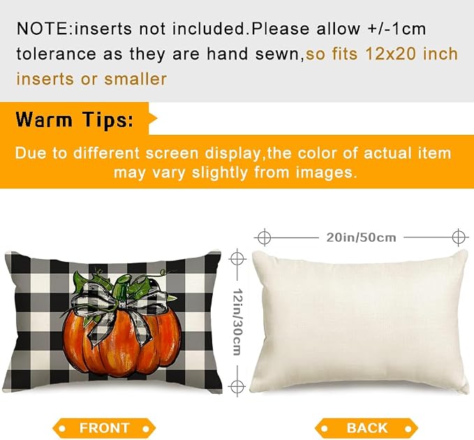 RABUSOFA Outdoor Fall Pillow Covers Waterproof 12x20 Orange Pumpkin Decor | Autumn Harvest Thanksgiving,Buffalo Plaid,Not Insert,Machine Washable,Fall Decorations for Home Sofa Patio Farmhouse