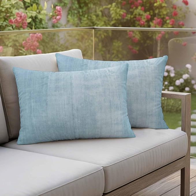 Vandarllin Outdoor Throw Pillows Covers 20x12 inch Set of 2 Waterproof Sky Blue Linen Decorative Zippered Cushion Covers for Patio Furniture, Solid Color Texture Lumbar Pillowcases