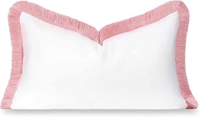 Hofdeco Premium Coastal Grandmillennial Patio Indoor Outdoor Lumbar Pillow Cover Only, 12"x20" Water Repellent for Backyard, Couch, Poolside, White Blush Pink Solid