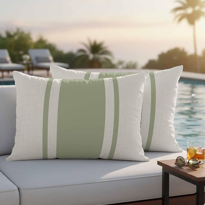 Abstract Gray Green Color Block Outdoor Pillow Covers Set of 2 Vintage Lines Linen Texture Waterproof Throw Pillow Cover Decorative Cushion Cases for Patio Porch Garden 20X12 Inch