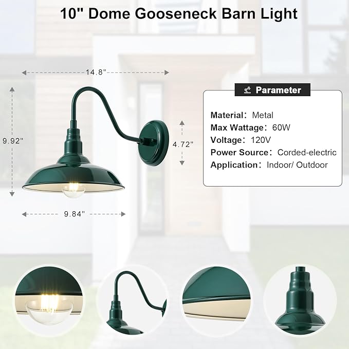 10in Outdoor Gooseneck Barn Light Wall Mount, Green Exterior Farmhouse Porch Lights with White Interior Small Dome Outdoor Patio Gooseneck Wall Sconce Garage Lighting for House, Cabin