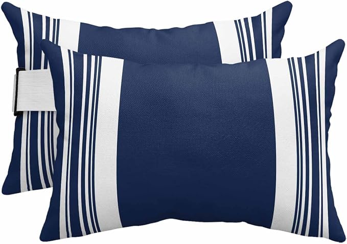 Outdoor Lumbar Pillow Set of 2, Farmhouse Navy Blue Waterproof Beach Headrest Pillow with Inserts, Aesthetic Modern Line Striped Recliner Throw Pillows for Patio Furniture, 12 x 20