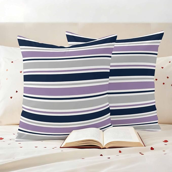 Outdoor Pillow Covers 16 x 16 Inches, Purple Grey Striped Waterproof Throw Pillow Cover Set of 2, Farmhouse Stripes Modern Abstract Art Decorative Square Cushion Covers for Patio/Couch/Garden