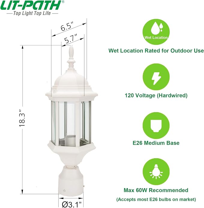 Outdoor Post Light, Rustproof Aluminum Pole Lamp, White | Exterior Lamp Post Light Fixture for Garden, Yard, Pathway, Waterproof, Glass, E26 Base, Max 60W, 2 Pack