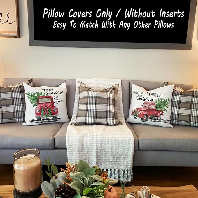 Brown Plaid Euro Pillow Sham Covers 26x26, Large Fall Winter Couch Pillows | Set of 2, Durable Polyester Fabric, 26 x 26 Fall Winter Pillow Covers, Fall Winter Decor for Bedroom Living Room, No Inserts