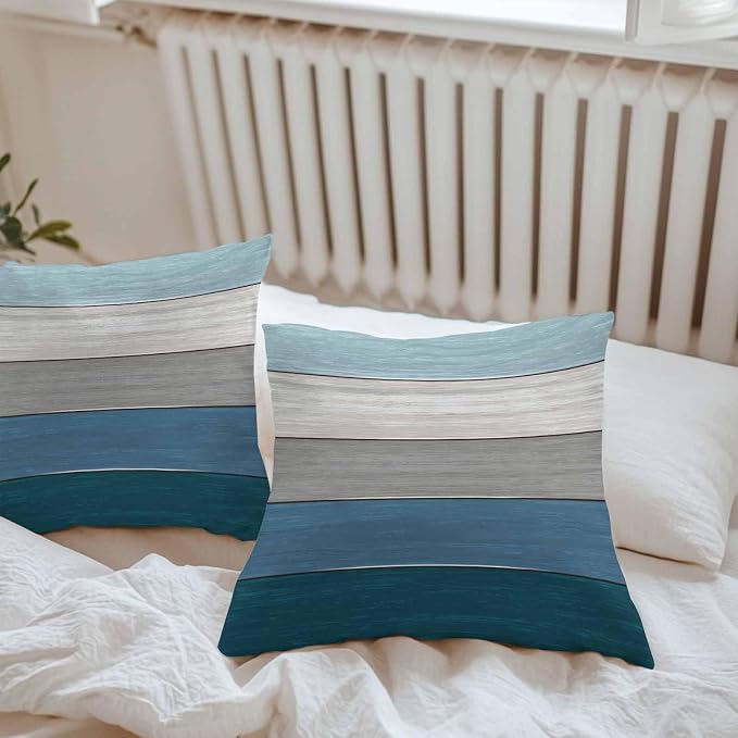 Outdoor Throw Pillow Covers 16X16 Set of 2 Waterproof Ombre Blue Gray Decorative Zippered Cushion Covers for Patio Furniture, Farmhouse Retro Rustic Barn Wood Texture Lumbar Pillowcases Ocean Hues