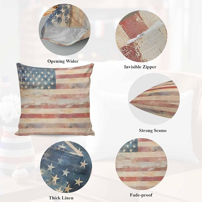 Independence Day Outdoor Pillow Covers 26"x26" Set of 2, Retro Country USA Flag Memorial Day Waterproof Throw Pillow Covers for Patio Furniture, Decorative Cushion Covers for Porch
