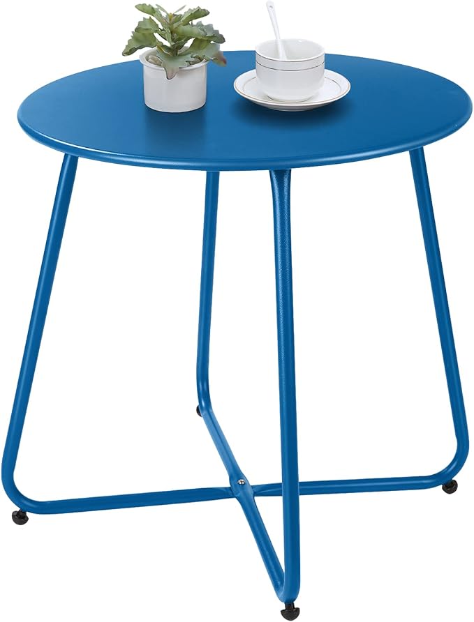 Meluvici Patio Outdoor Side Table Waterproof Round Metal Steel Small Side Table Weather Resistant Portable Outdoor and Indoor End Table for Garden Balcony Yard, Navy Blue