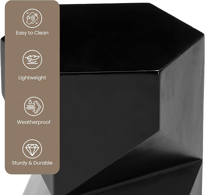 HOMPUS Outdoor Side Table Polygonal, Concrete End Table Hexagonal w Gloss Finish, Patio Accent Table Modern Design Home Decor, MgO Coffee Table for Living Room, Garden, Backyard, Black