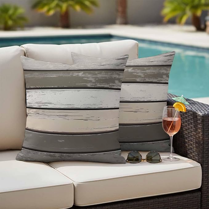 Retro Dark Grey Stripe Outdoor Waterproof Throw Pillow Covers Set of 2, 26"x26", Peeling Paint Effect Texture Decorative Pillow Covers Outside Cushion Case for Patio Porch Garden