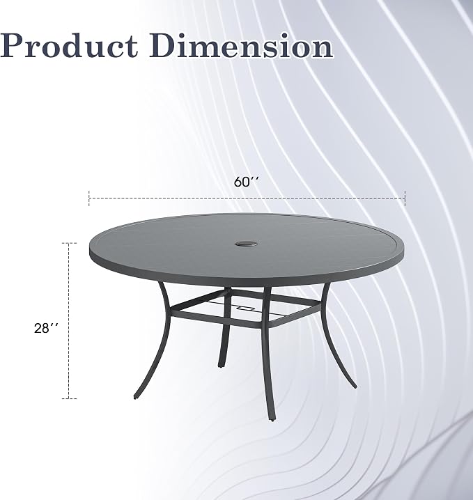 Outdoor Dining Table for 8, 60" Round Outdoor Table with Adjustable Umbrella Hole, All-Weather Metal Patio Dining Table for Lawn Garden Backyard Deck, Dark Grey